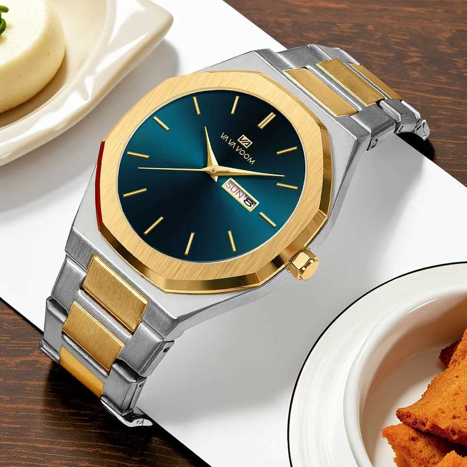 2025 New Men Business Watch Fashion Octagonal Stainless Steel Strap Double Calendar Quartz Movement Top Brand Men Watches relojL251023