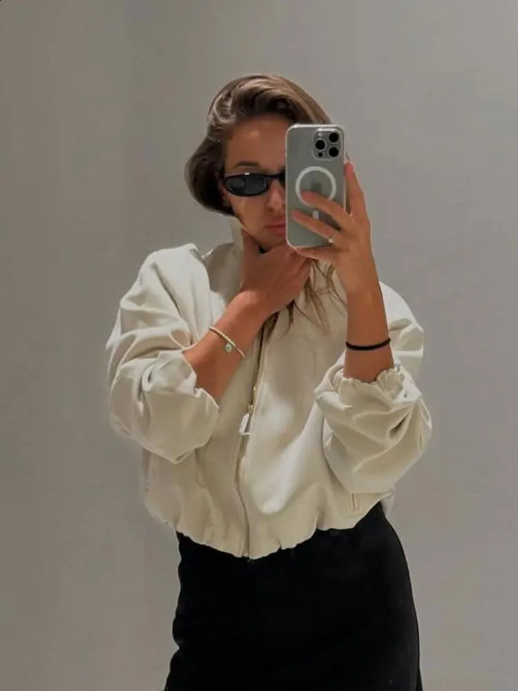 HH Autumn Street Fashion Solid Bomber Jackets Simple Lapel Zipper Fly Long Puff Sleeves With Pockets Womens Casual Coats 251013