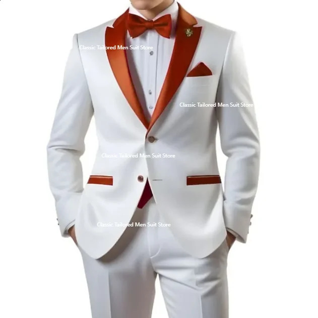 Customized White Men Suits Single Breasted Red Notch Lapel Slim Fit Male Clothing High Quality Wedding 2 Piece Jacket Pants 251023