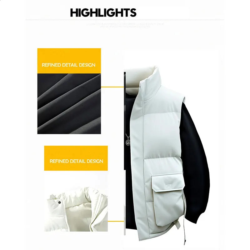 Winter Warmth Vest Solid Color Mens Stand Collar Sleeveless Casual Cargo Thermal Male Thickened Jacket 251023