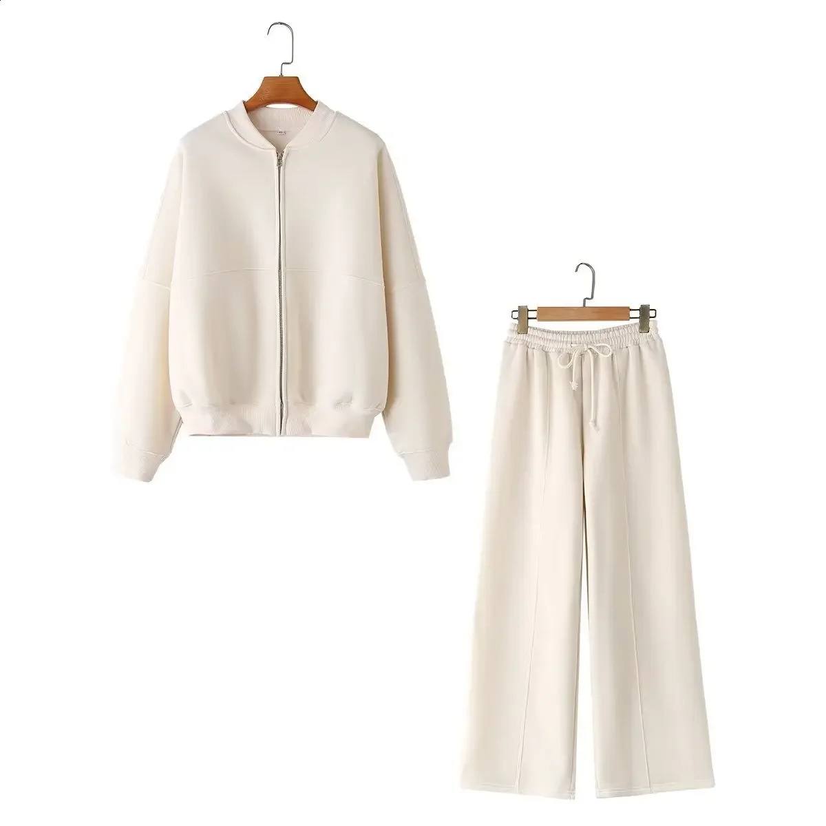 Zipper Pilot Jacket Sweatshirt Style Loose High Waist Fleece Pants Cotton Streetwear Series Womens Fashion Set 251022