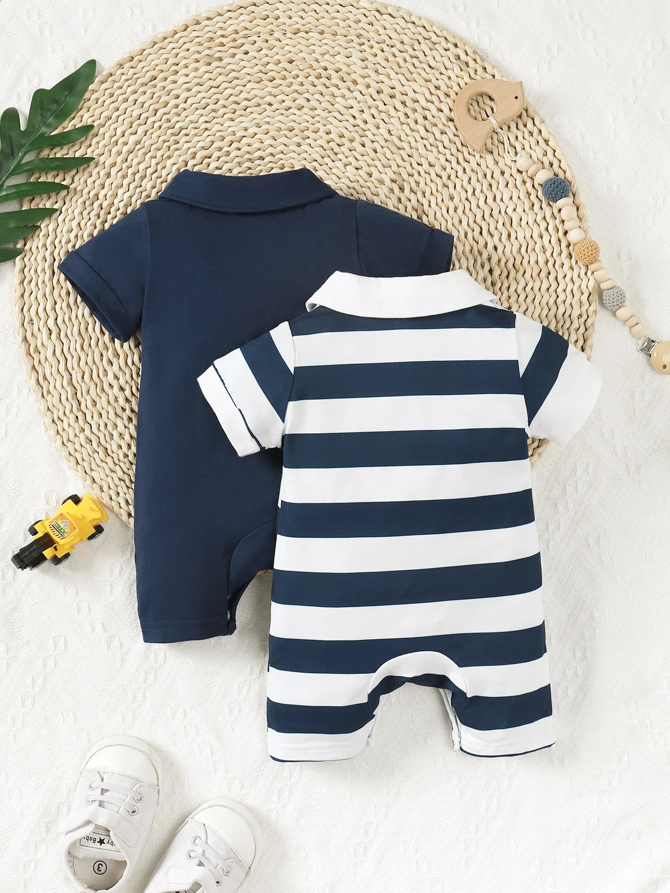 Summer Baby Boy 2pcs Cute Casual Solid Color And Striped Collared Short Sleeve Romper With Button Closure 251023
