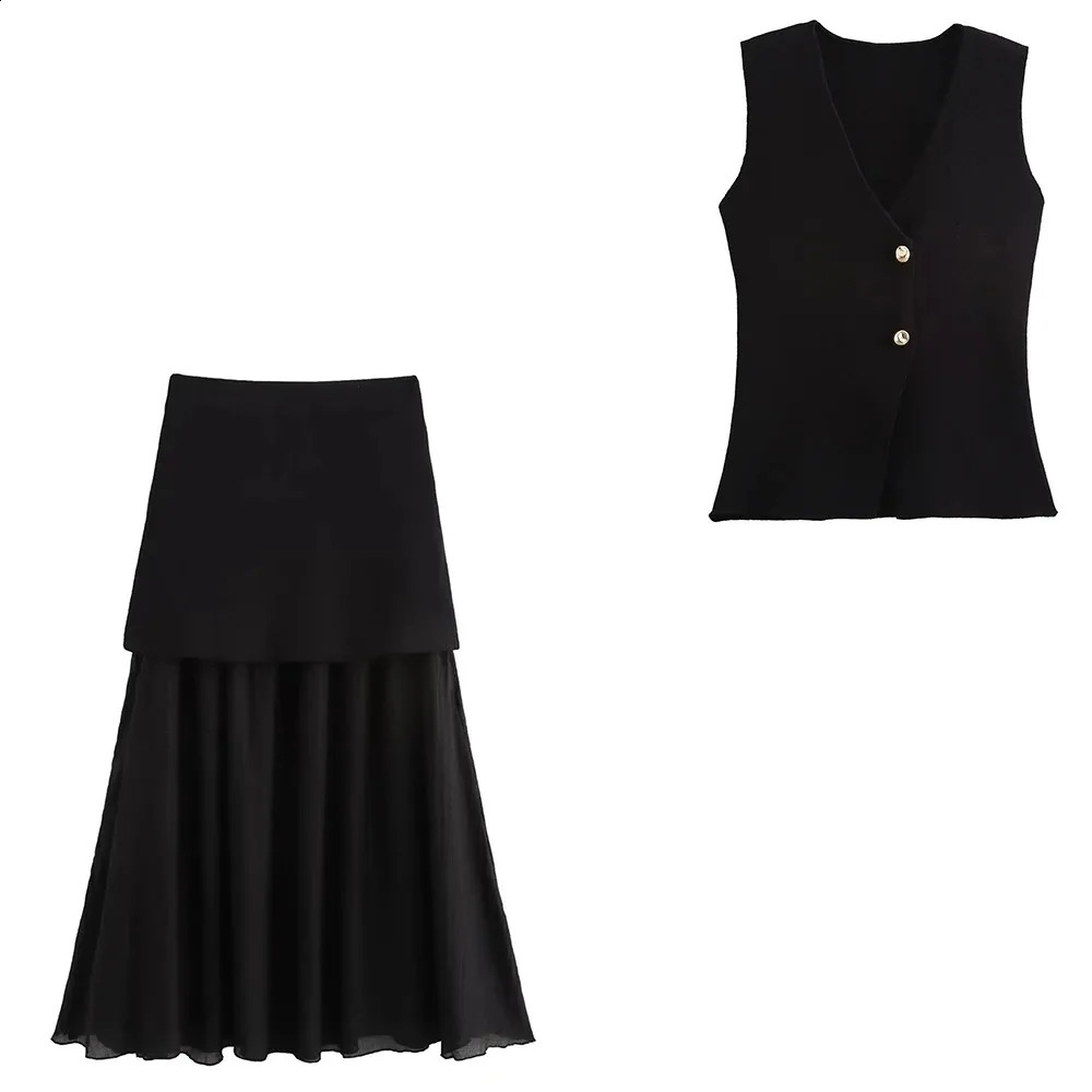 Womens Funky Suit Gold Button Knit Vest Crinkle Embellished Long Skirt Street Style Elegant Womenswear 251016