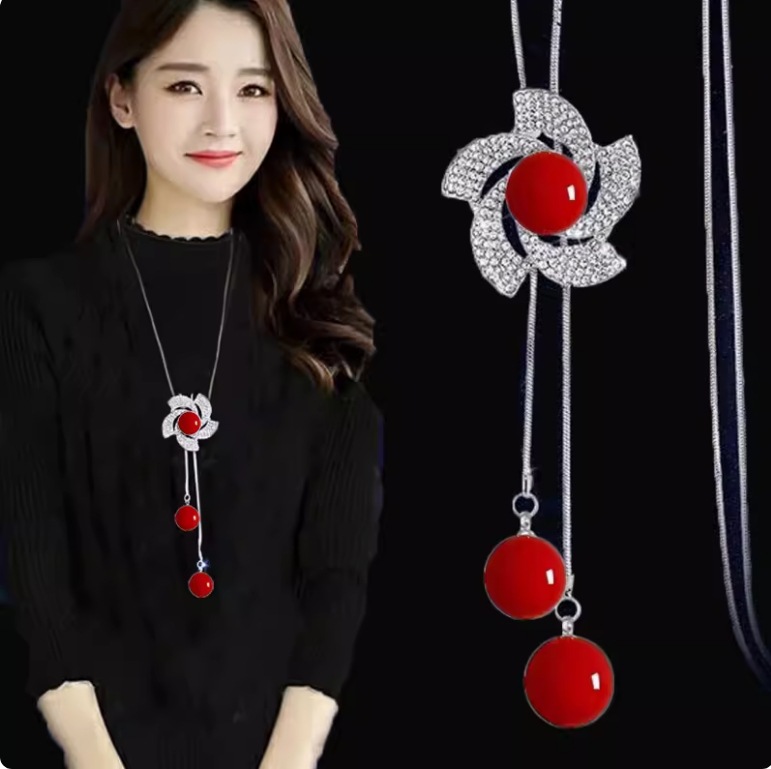 Gold necklace Pearl sweater chain women's camellia long style high-end minimalist pendant gift necklace for men free shipping