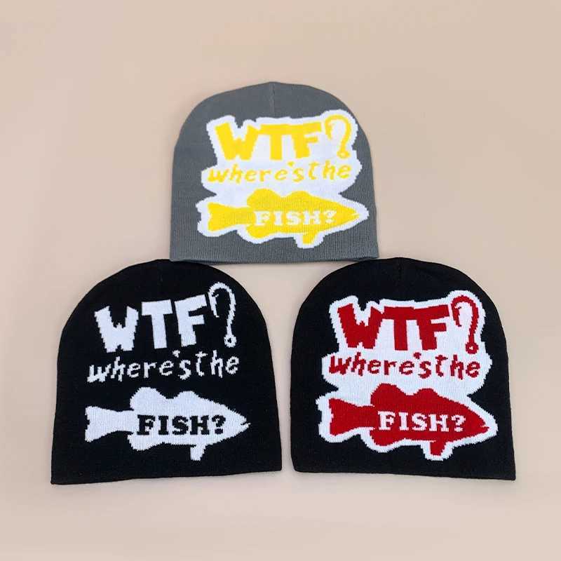 Street Funny Fish Letter Knitted Hats Autumn and Winter New Unisex Warm Versatile Hip Hop Color Block Fashion Personal BeaniesXJ251023