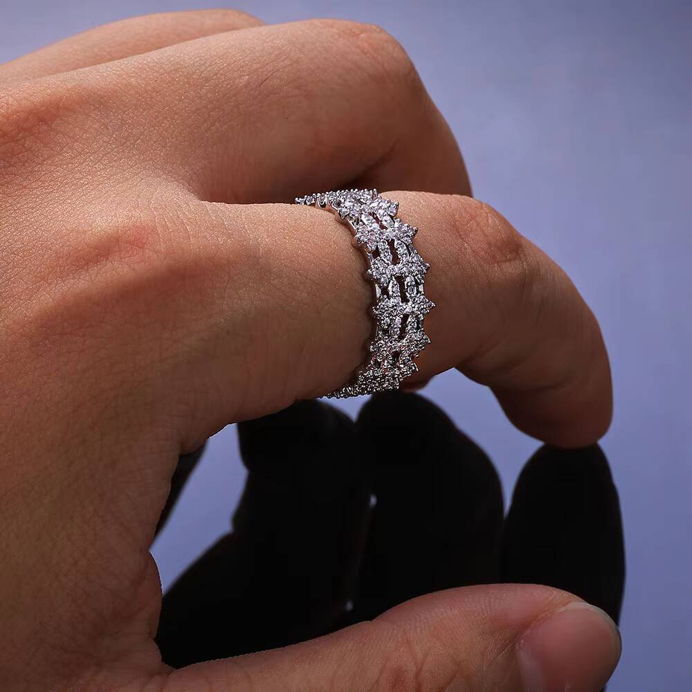 NUOYA New Arrival 8mm Double Row Cross Ring 925 Silver White VVS Moissanite Iced Bling Design Womens Fine Jewelry