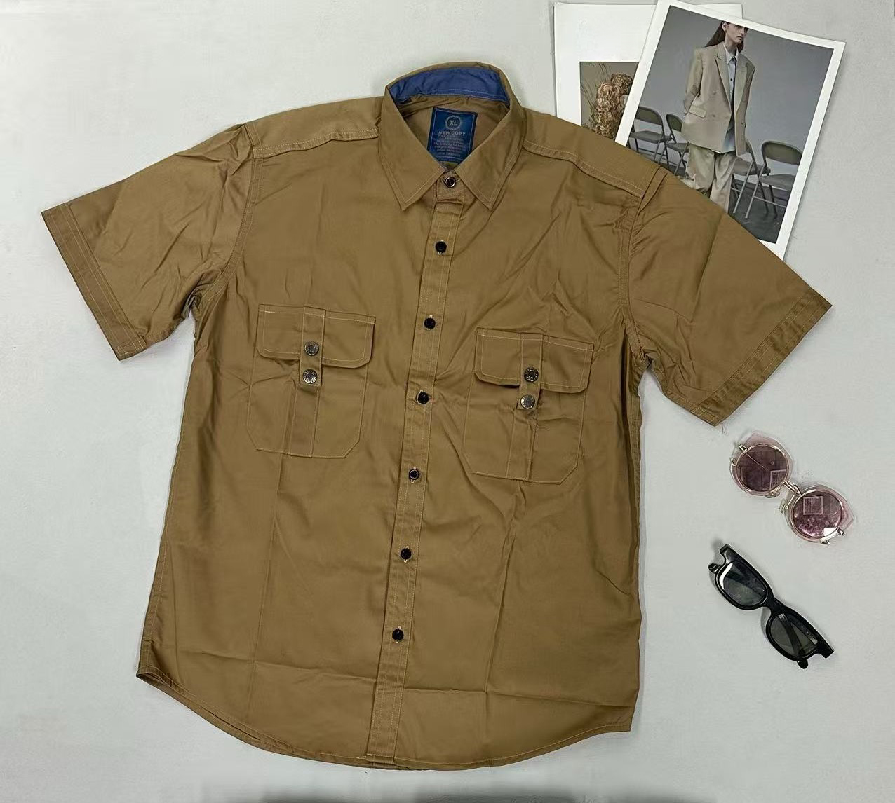 Men's Loose Short-Sleeve Shirt with Pocket Decoration, Multiple Solid Colors, Casual Button-Down, Breathable for Summer, Trendy Daily Wear - NO18