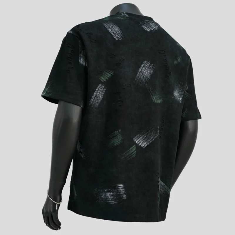 Broken hole short sleeved Tshirt mens 2025 summer fashion trend brand highend retro cool graffiti casual topXJ251023
