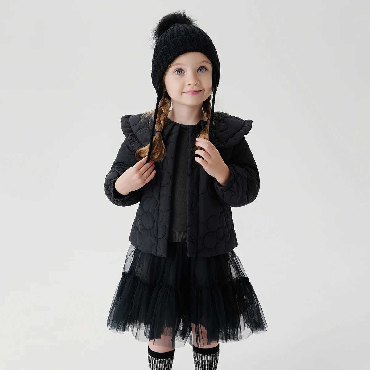 MARC JANIE Girls Peter Pan Collar Quilted Padded Jacket Long Sleeve Ultralight Coat Kids Lace Tunic Tops 241198 Y251023