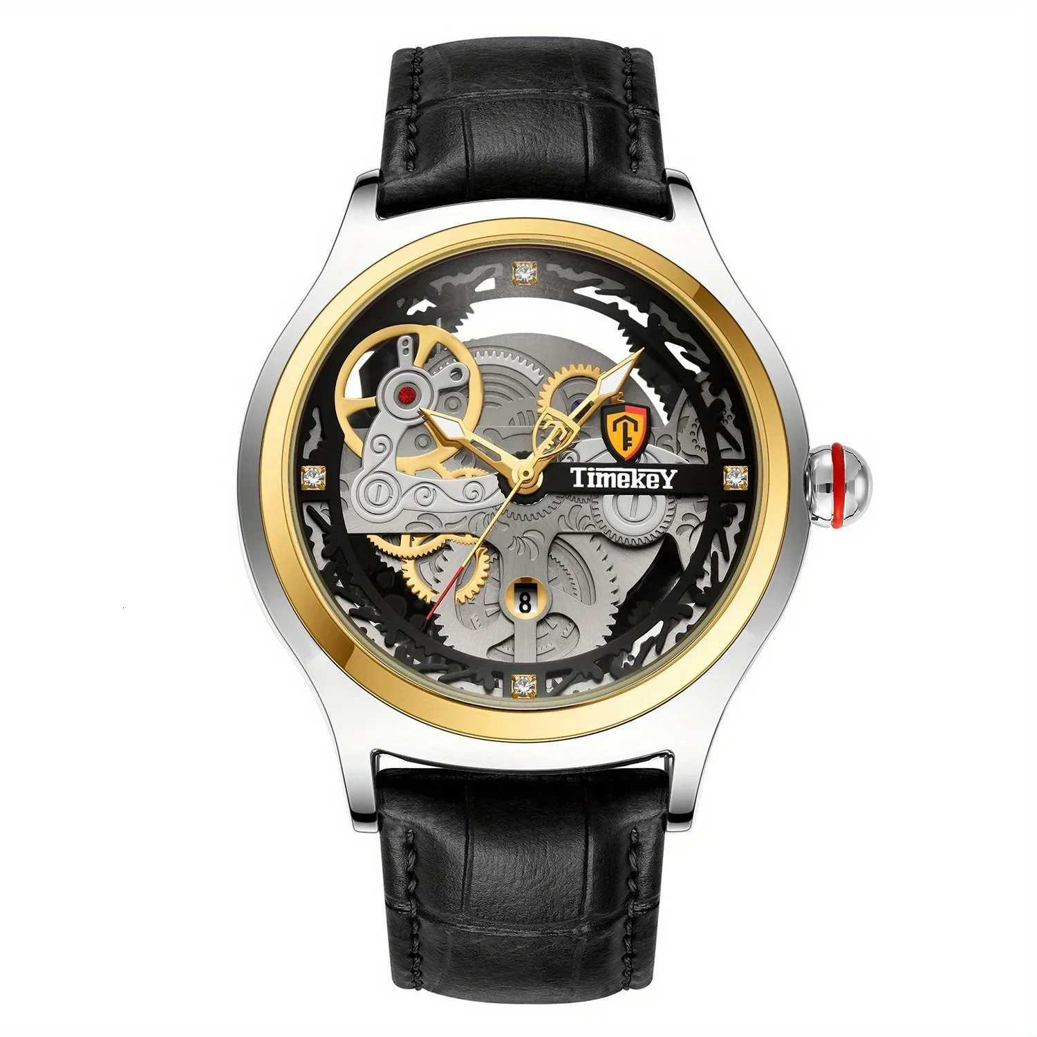TimeKeyFashion Classic Mechanical Style Stainless Steel Buckle Skeleton Dial Screw Crown Luminous Mens Quartz WatchL251023