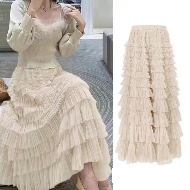 Summer Spring Womens Multilayer Ruffles Tulle Skirt Pleated High Waist Fluffy Maxi Fairy Cake Dress Long Tutu Party 251022