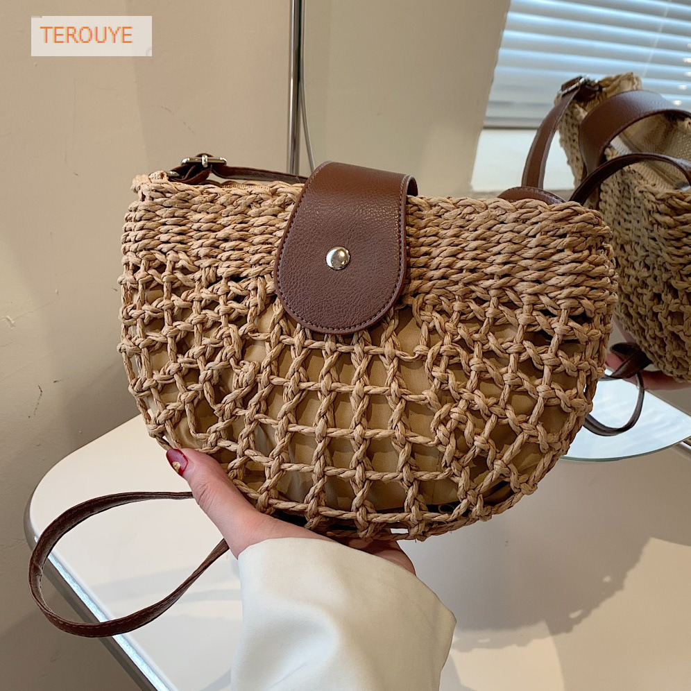 Korean style niche woven design handbag autumn and winter new fashion hollow semi-circular woven bag casual women's shoulder bag versatile design