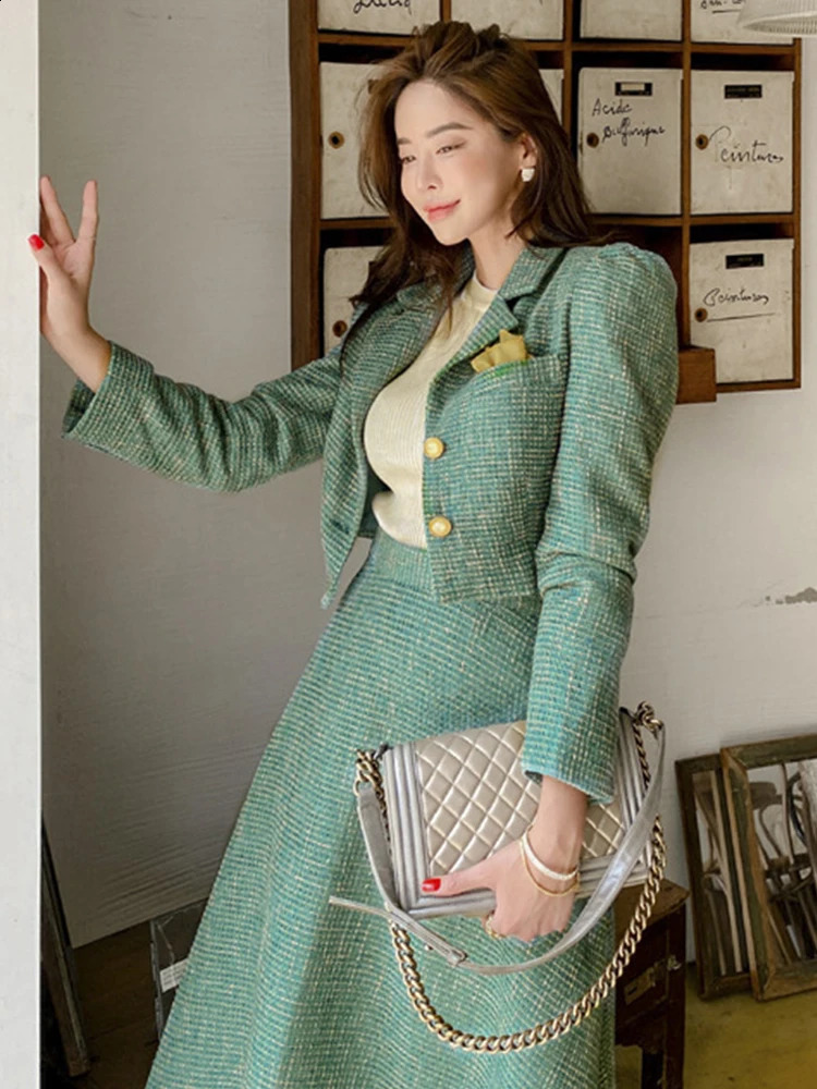 Fashion Office Lady Outfit Vintage Bule Long Sleeve Short Blazer Women Coat Suit Jacket Zipper Midi Skirt Business 2 Piece Sets 251022