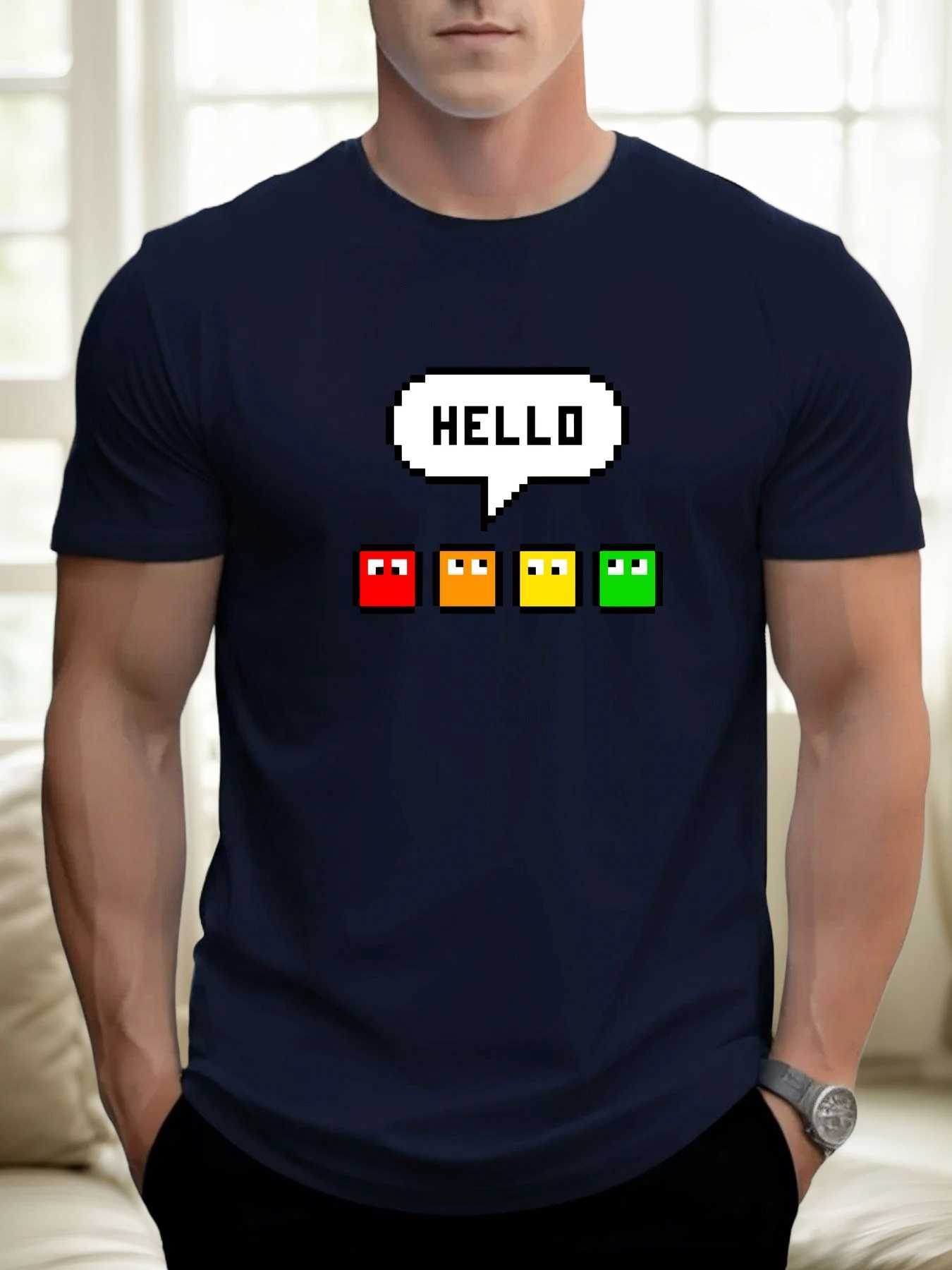Mens TShirt Pixel HELLO Graphic 2025 100 Cotton Summer Retro Gaming Nostalgic 8Bit Crew Neck Short Sleeve TopXJ251023