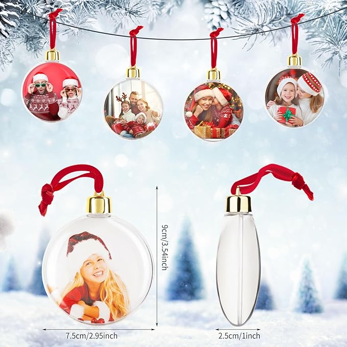Christmas Photo Ornaments Ball with Your Own Photos Clear Plastic Hanging Picture Frame Ornaments Bulk DIY Personalized Baubles for Christmas Tree Dec