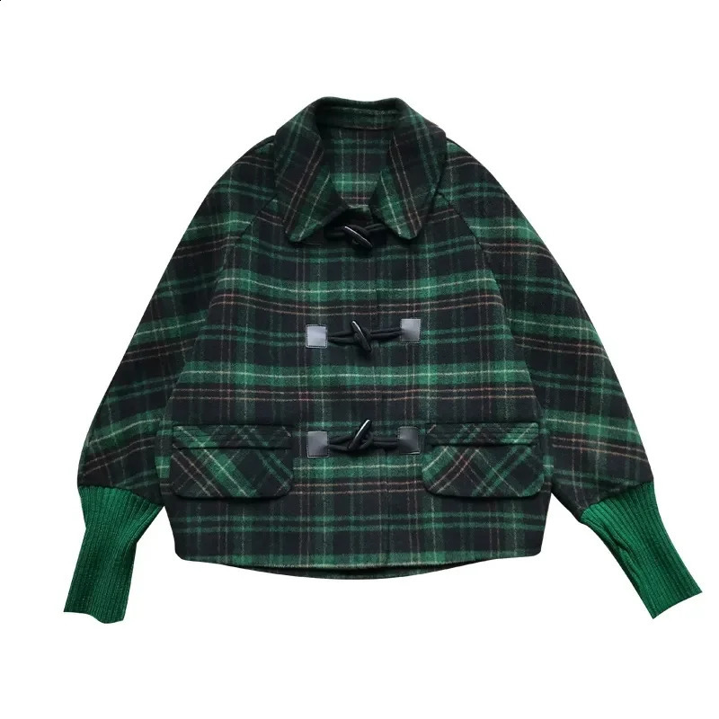 Korean Loose Slim Short Jacket Female Outerwear Lattice Woolen Coat Women Spring Autumn Bat Sleeves Cowhorn Button Wool 251021
