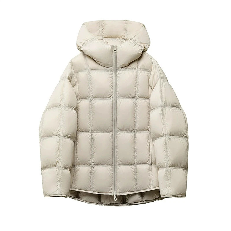 Schinteon Women Light White Down Jacket with Hood Loose Over Size Casual Autumn Winter Outwear Square Warm Short Coat 251022