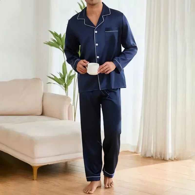 Mens Satin Pajama Set Linter Lapel Collar Long Sleeve Tops Pants Sleepwear Button Down Loungewear Autumn Pyjama For Man 251021