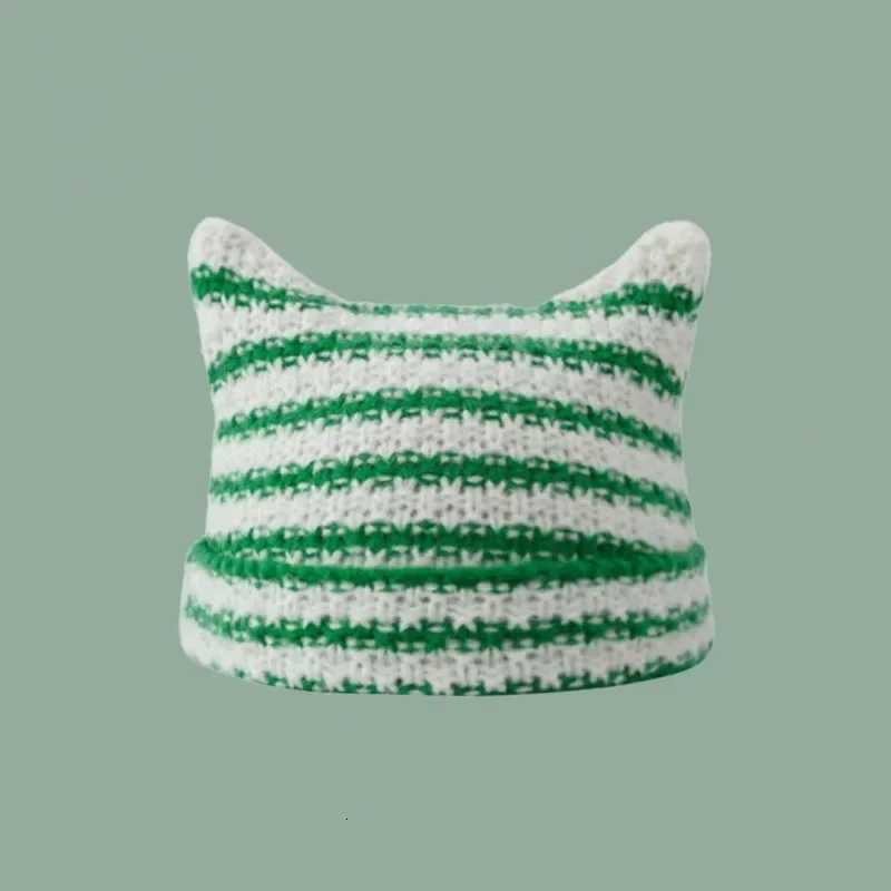 New Japanese Streetwear Harajuku Beanie Little Devil Striped Knitted Hat Women Girls Autumn Winter Cute Cat Ears CapXJ251023