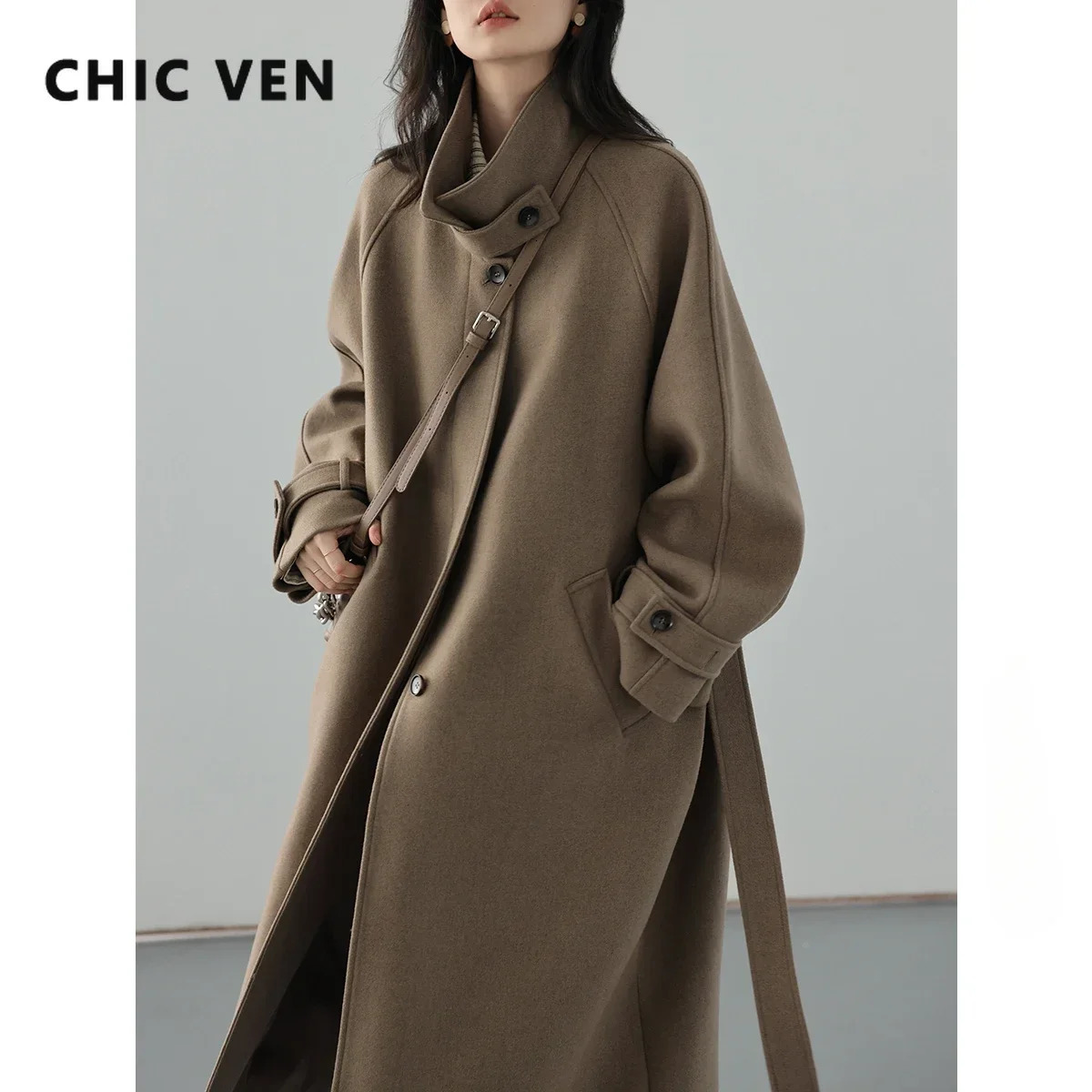 CHIC VEN Women Long Trencn Coat Standing Belt Lace Up Woolen Coat Raglan Sleeves Long Overcoat Office Lady Autumn Winter 251020