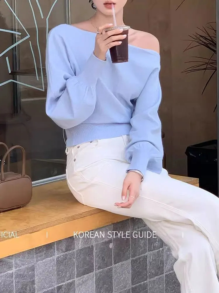 Boat Neck Long sleeve Knitwear Women Pullover Off shoulder Puff sleeve Sweater Spring Autumn Outwear Lady Casual Top 251023