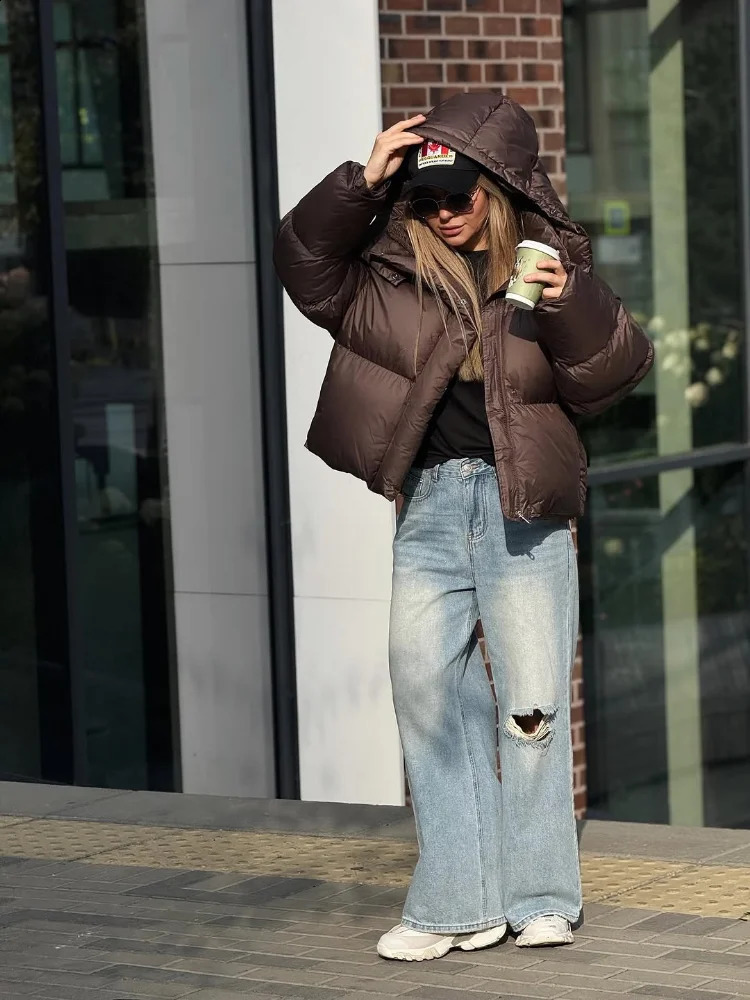 Women Brown Hooded Cotton Coat Fashion Lapel Full Sleeve Zipper Button Warm Loose Short Coats Lady Winter Casual Street Outwear 251021