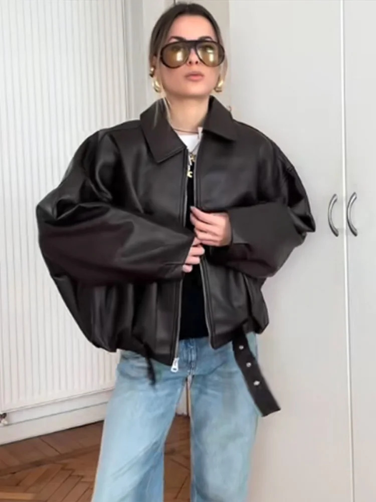 Fashion Black Leather Jacket Women Clothing Autumn Winter Loose Casual Coat PU Leather Motorcycle Jacket Women Tops 251020