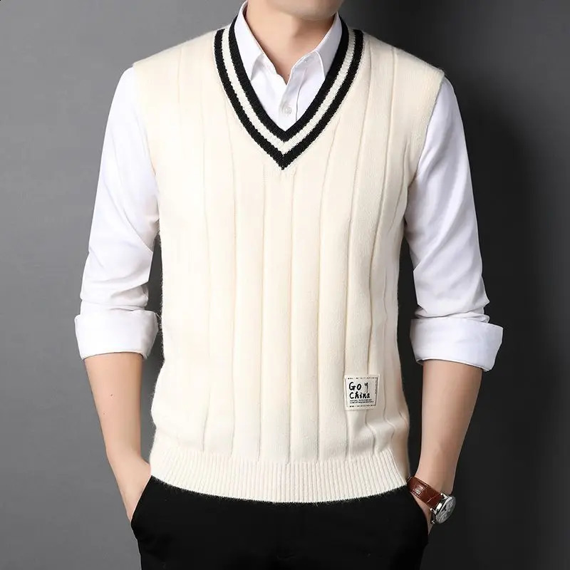 Spring Autumn Winter Vneck Vest Mens Sleeveless Bright Color Versatile Sweater Knitted 251023