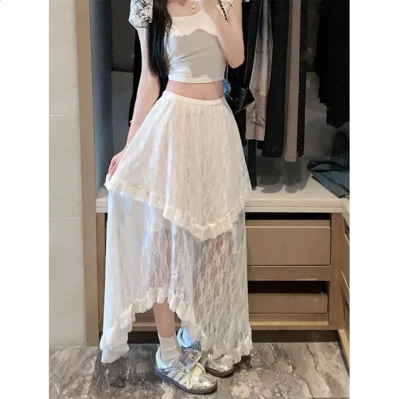 Deeptwon White Lace Asymmetrical Skirt Women Fairycore Sweet Vintage Mid Irregular Skirt Korean Style Aesthetic Ruffle Skirts 251013
