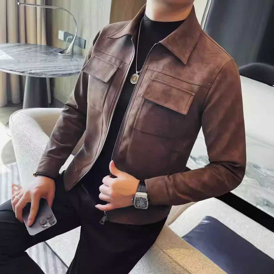 Frosted PU Leather Jacket For Men Fashion Front Pockets Decor Turn Down Collar Mens Casual Jackets and Coats Slim Fit All Match W251023