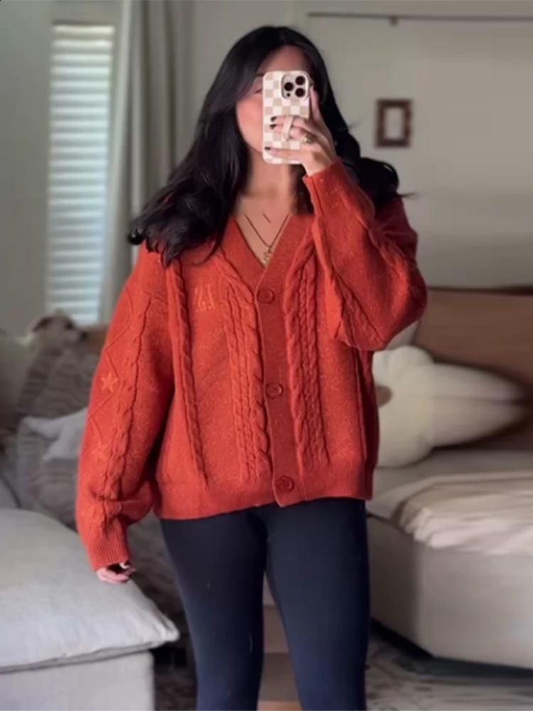 Embroidered Star Lurex Button Cardigan Oversize Long Sleeve Cable Knit Autumn Trendy Chic Lady Coat Casual Loose Outerwear 251022