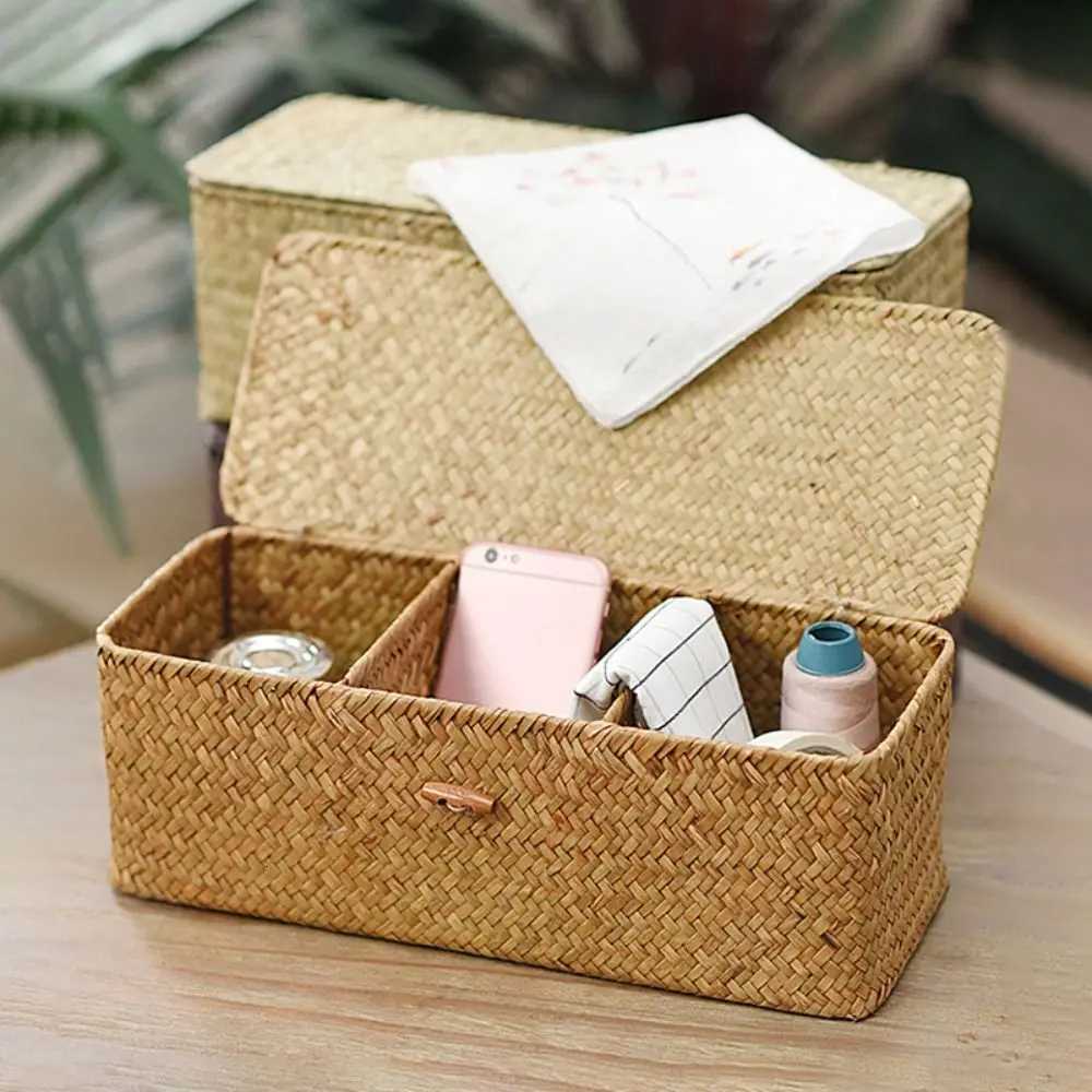 3 Grids Hand Woven Storage Baskets with Lid Dust Clothing Basket Storage Box Rectangular Wardrobe Container Sundries Organizer C251023