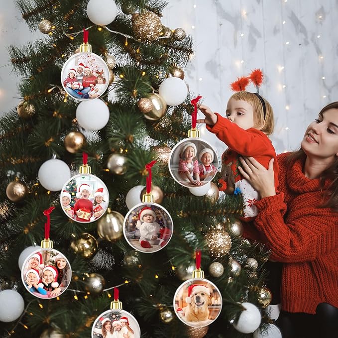 Christmas Photo Ornaments Ball with Your Own Photos Clear Plastic Hanging Picture Frame Ornaments Bulk DIY Personalized Baubles for Christmas Tree Dec