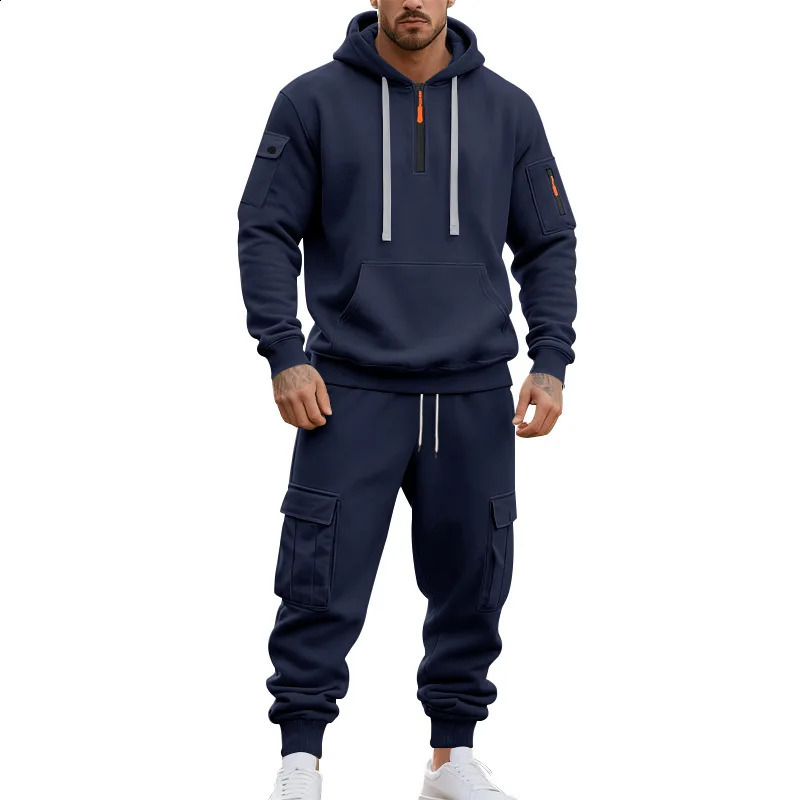 Autumn and Winter Heavy Mens Suit Loose Cargo Outdoors Commute Casual Fleece Thermal Hoodie Overalls Sweatpants 251023