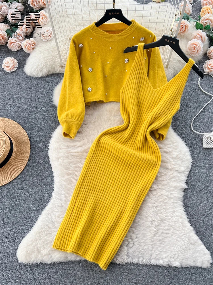 SINGREINY Beading Casual Two Piece Set Women Long Sleeve O Neck Pullover Midi Dress Fashion Winter Sweater Suit Dresses 251022