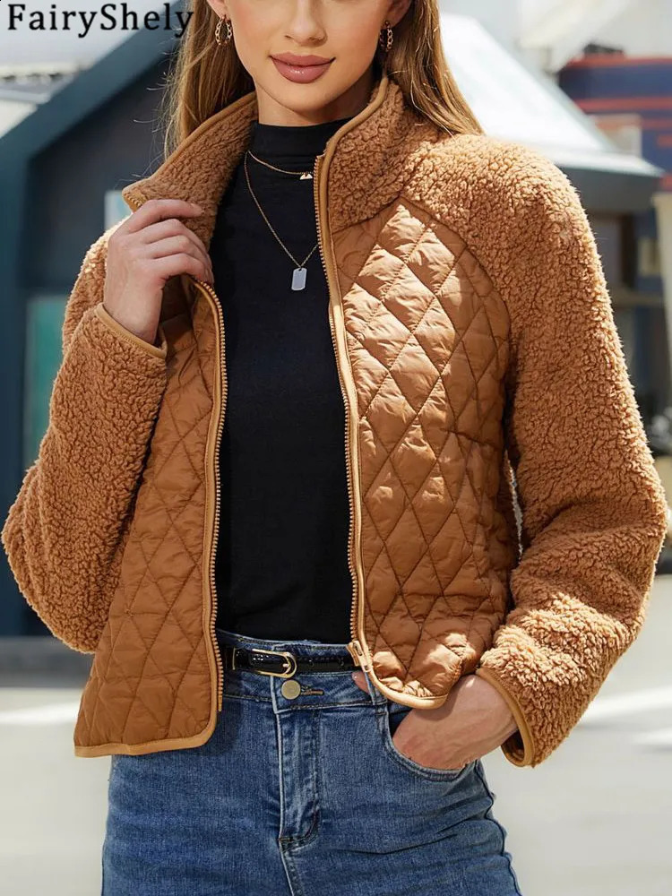FairyShely 2025 Patchwork Autumn Winter Women Jacket Thick Plush Cropped Long Sleeve Warm Coat Soft Zipper Outwear Lady 251018