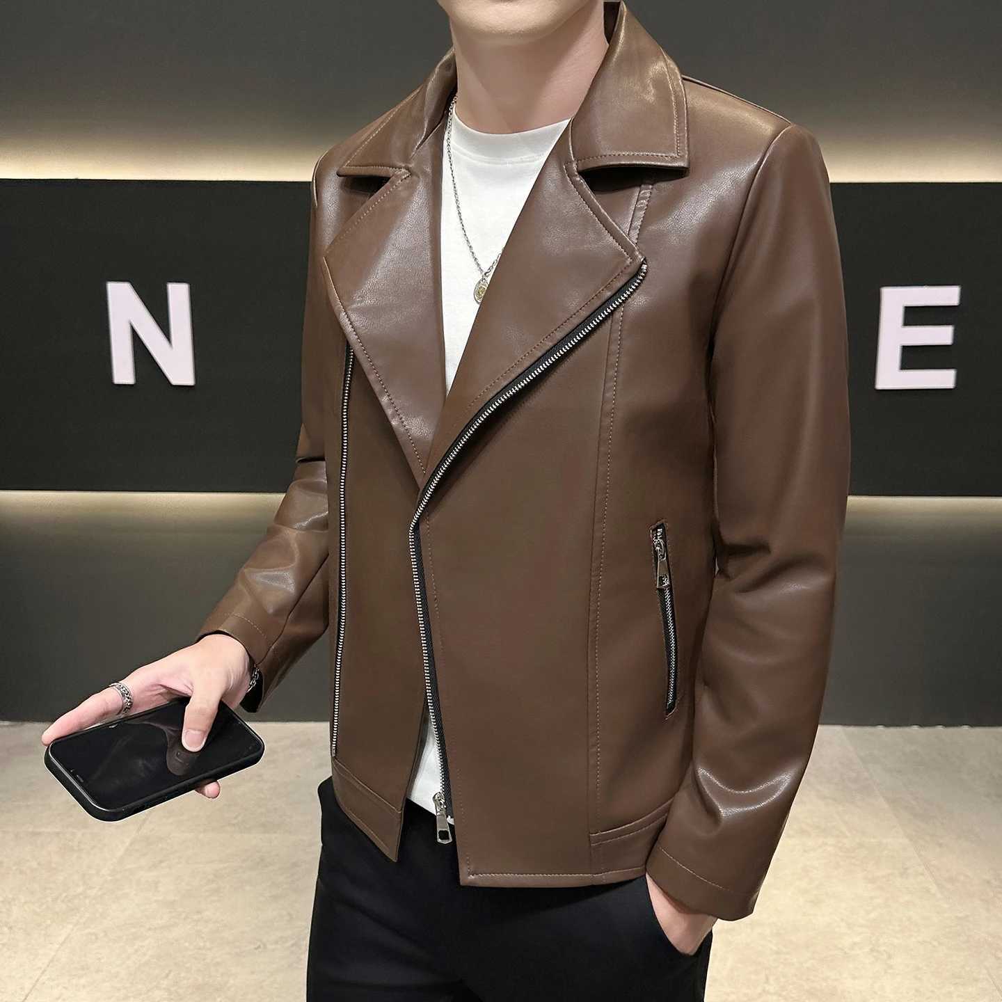 Autumn Mens Green Lapel PU Jacket Black Faux Leather Motorcycle Coats CoffeeBrown Casual Top Asian Sizes Fit Slim Cut W251023