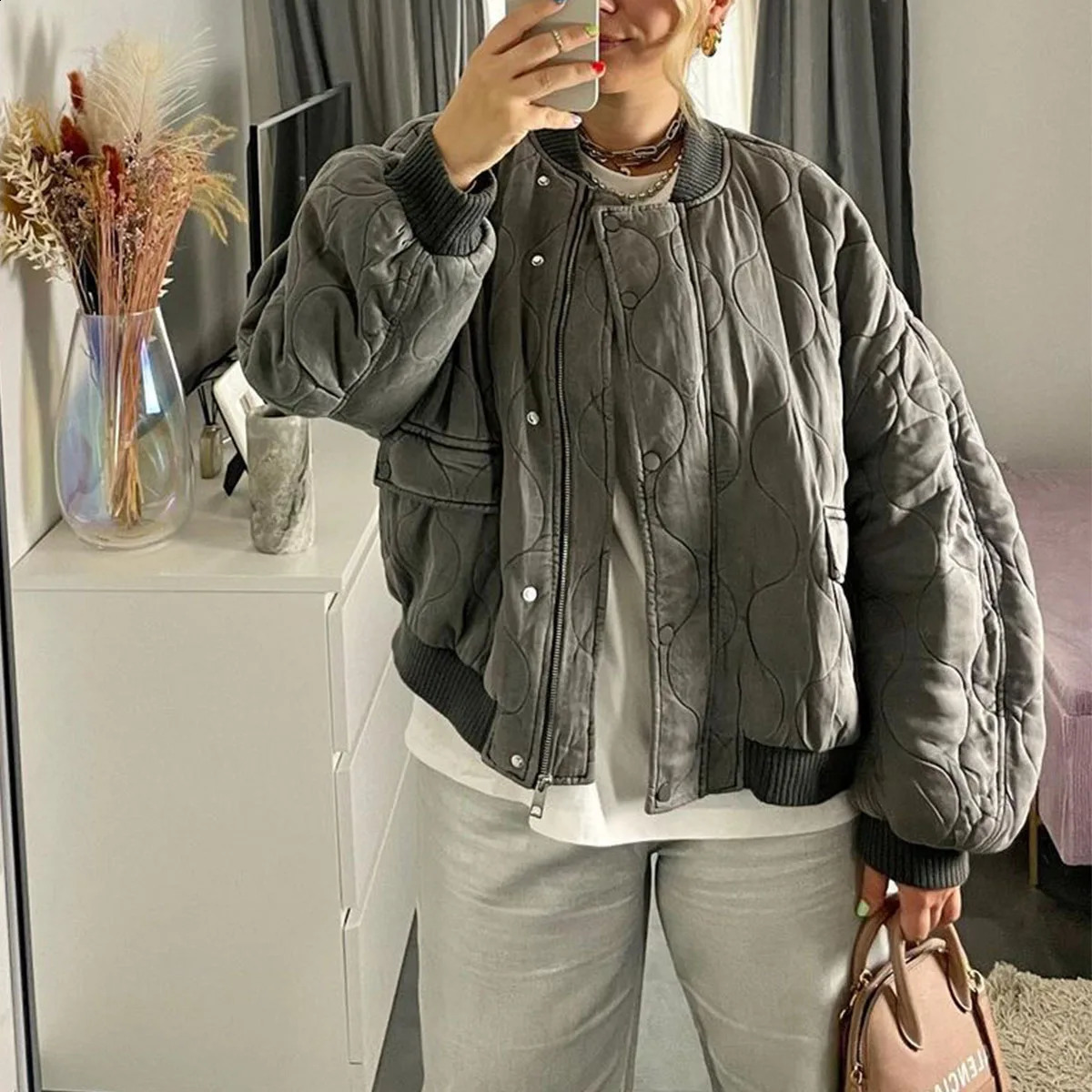 Fashion Elegant Solid Bomber Jacket Coat Womens Warm Long Sleeved Loose Casual Outwear Club Party Grey Street Wear Female 251013