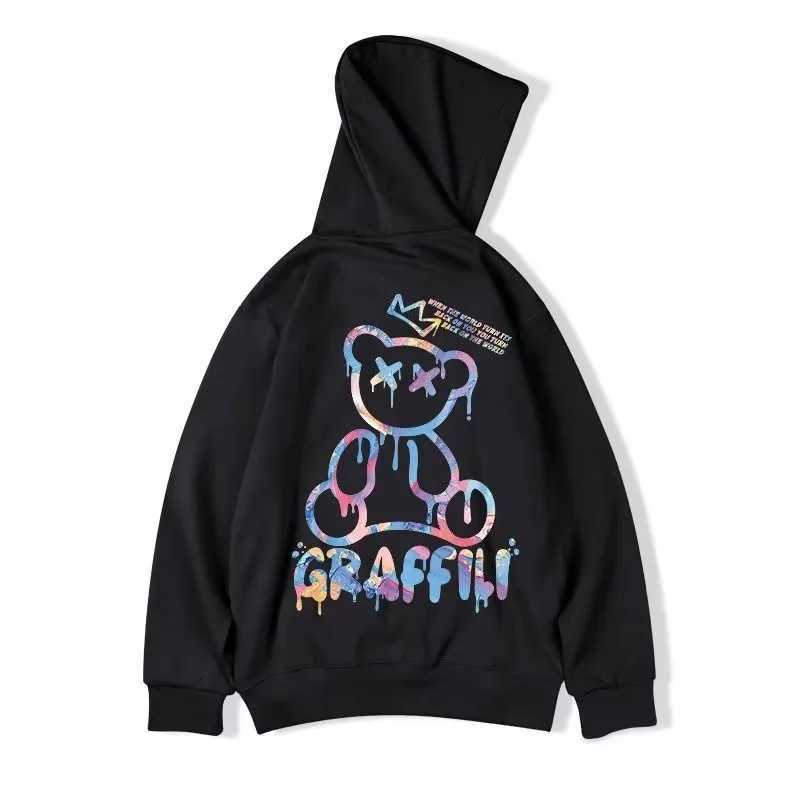 M8XL Trendy American Style Starry Sky Graffiti Bear Print AutumnWinter Warm Jacket Mens HoodieT251023