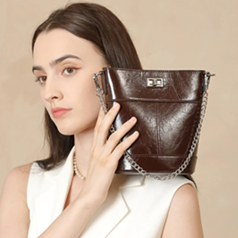 Burminsa Oil Wax Genuine Leather Bucket Small Shoulder Crossbody Bags For Women 2025 Chain Phone Ladies Handbags 251018