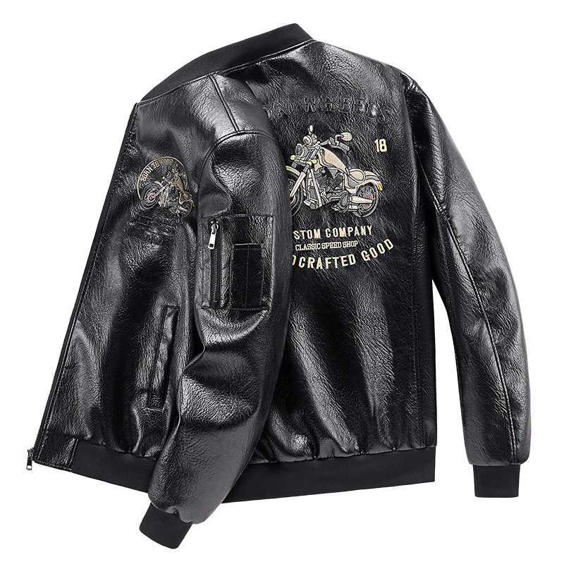 Mens Emboridery Motorcycle Leather Jacket Autumn American Motorbiker Coat Men Baseball Collar Pilot Casual PU Leather Jackets W251023