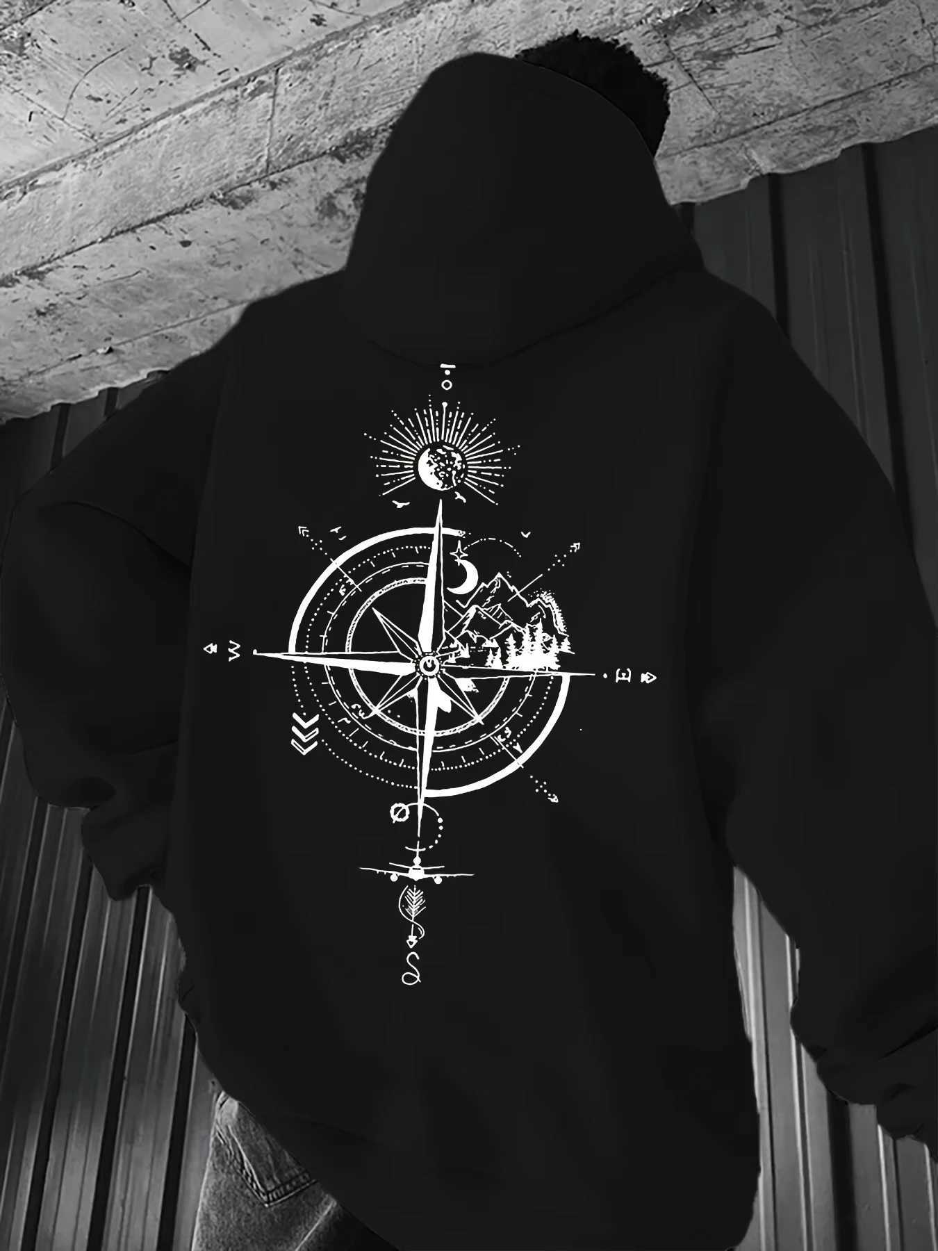 Vintage Compass Printed Hoodie Mens Autumn and Winter Casual Fashion Longsleeved Sweatshirt Daily Street ClothingT251023