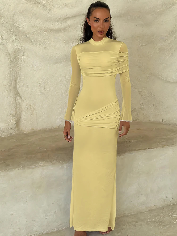 Nibber oNeck Maxi Dress Women Mesh Long Sleeves Folds Elegant Temperament Autumn Trend Skinny Solid Banquet Simple Vestidos 251022