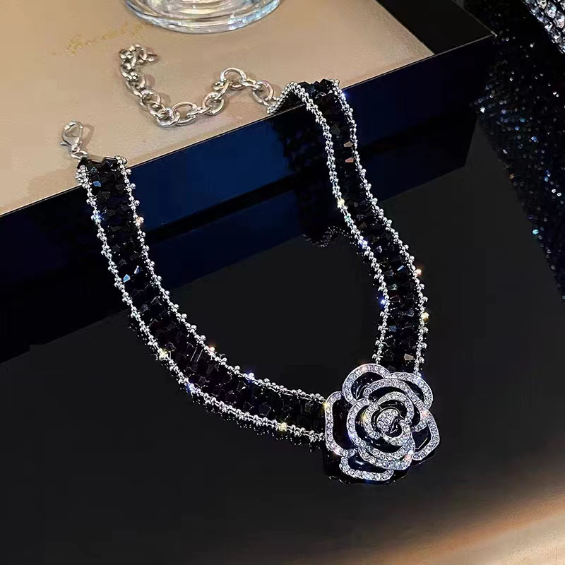 Gold necklace Black Camellia Pearl Necklace Long Crystal Flower Pendant Women's Minimalist Sweater Necklace gift necklace for men