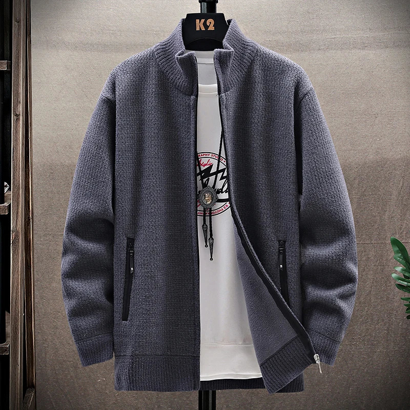 Mens Winter Sweater Thick Fleece Warm Cardigan Sweaters Casual Stand Collar Full Zip Cardigans Pockets Solid Outwear 251023