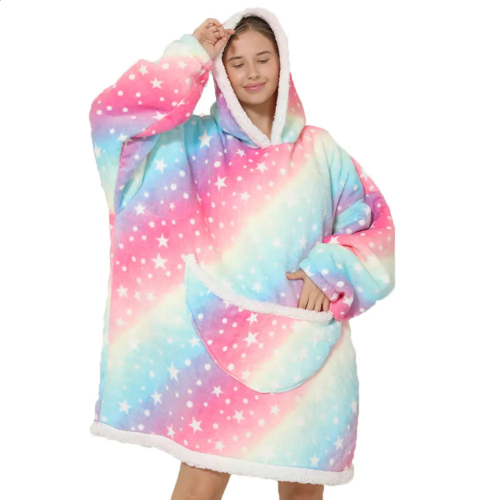 Cartoon Oversized Hoodie Blanket with Sleeves Winter Warm Fleece Sweatshirt Cow Hoodies Women Men Korean Funny Print 251022