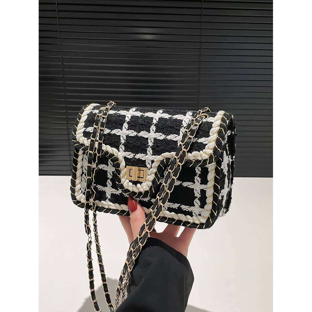 Black & White Plaid Casual Crossbody Handbag Women's Shoulder Bags Handbags With Top Handle Fashion Square Bag