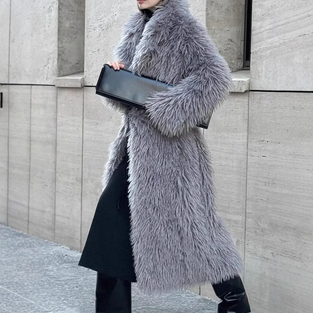 Women Faux Fur Jacket Thick Loose Long Coat Warm Turn Down Collar Full Sleeve Open Stitch Coats Solid Winter 2025 251014