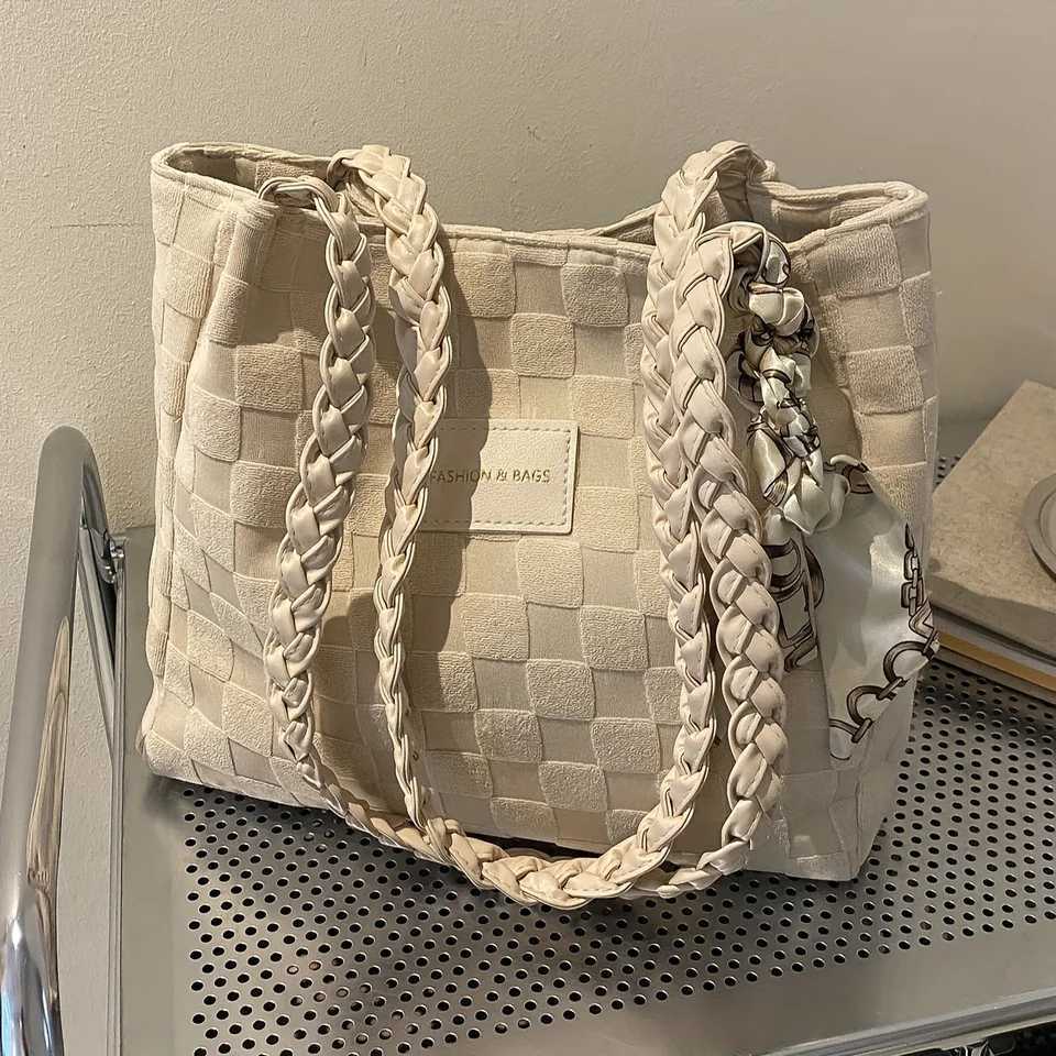 Casual Plaid Pattern Womens Tote Bag Solid Color All Match Commuter Handbag Shoulder Bag with Scarf DecorL251023