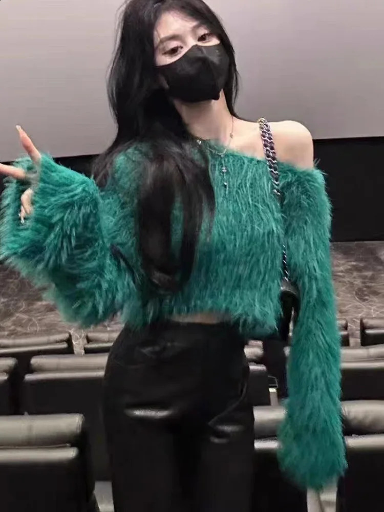 Fashion Fluffy Knitted Pullover Y2k Short Sweaters Women Sexy Off Shoulder Long Sleeve Tops Autumn Winter Womens Clothes 251023